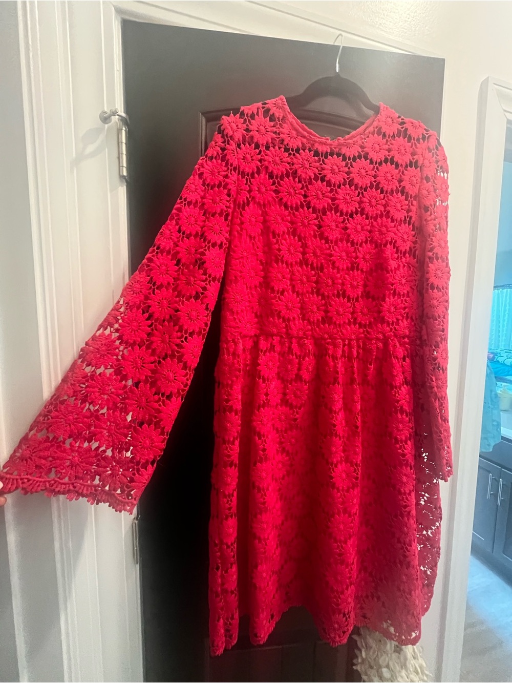Embroidered crocheted Pink flower overlay  Dress